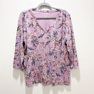PURE JILL Printed Floral V-Neck Women's Tee - Purple Cotton Blend Size XL Tall